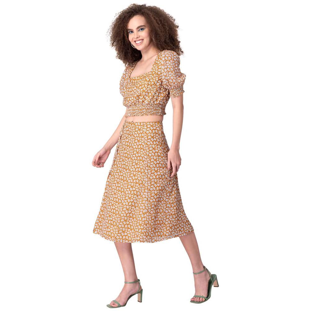 FabAlley Women's Polyester Yellow Floral Smocked Crop Top and Midi Skirt  Set Knee-Length Co-Ord