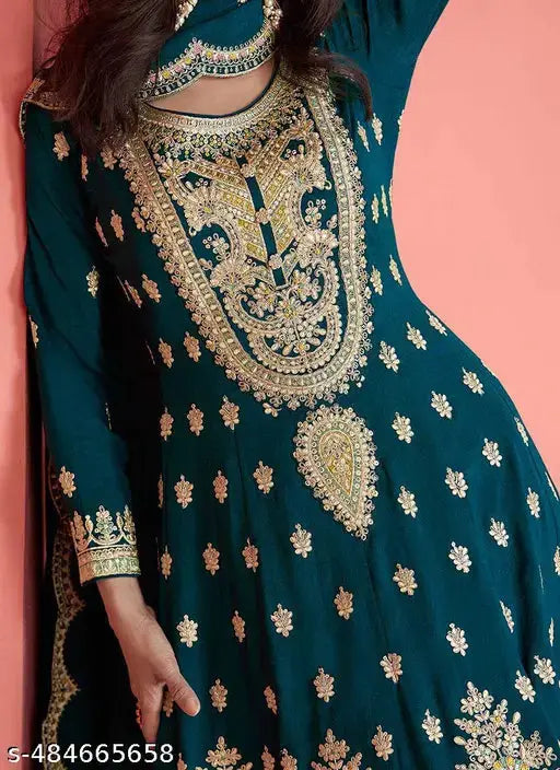 Hoyendiafad Women's Rama Color Full Stitched Vichitra Silk Top and Palazzo with Santoon Inner and Vichitra Silk Dupatta Embroidered Kurta Palazzo Set (1157-Rama) SaumyasStore