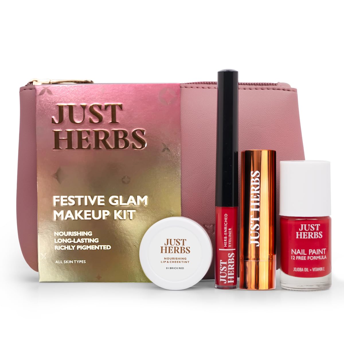 Just Herbs Festive Glam Makeup Essential Makeup Pouch for Women (Lip Cheek Tint, Ultra Matte Lipstick, Nail Paint, Eyeliner)
