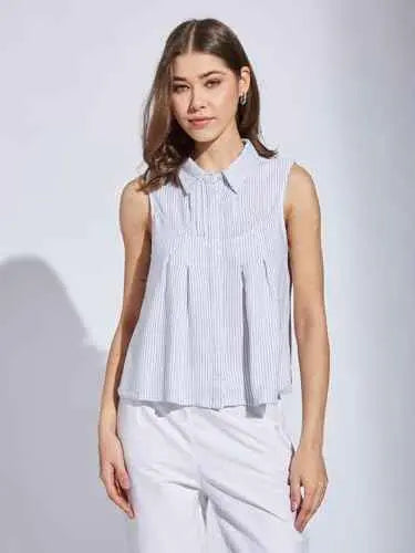 Latin Quarters Women Blue Collar Neck Sleeveless Striped Shirt Blouse_M SaumyasStore