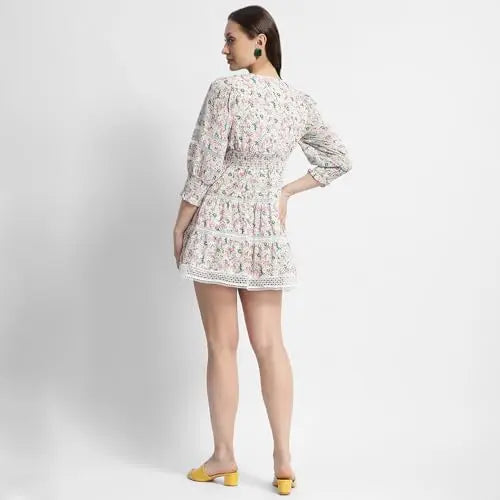 Madame Ditsy Floral Print V-Neck Mini Dress Off White SaumyasStore