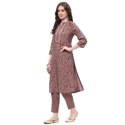 Rangriti Women Viscose Printed Straight Suit Set (FESTIVE19118SS24MRN_Red SaumyasStore