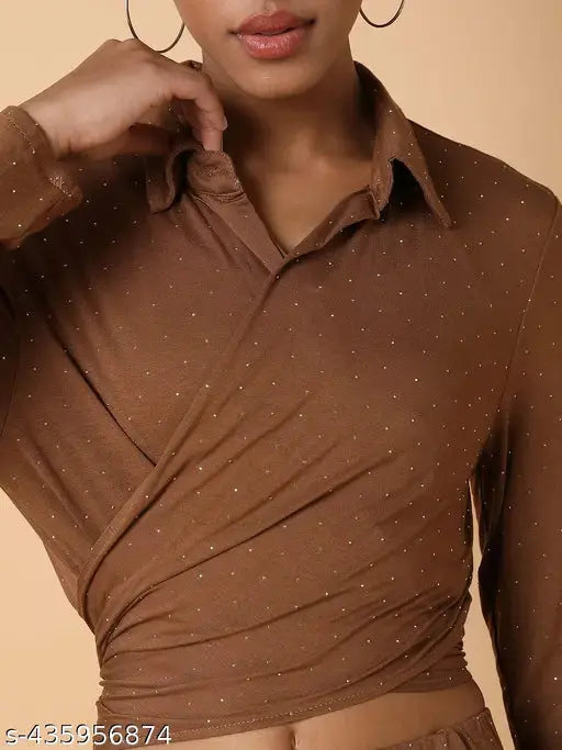 SHOWOFF Women's Embellished Collared Brown Top and Trousers Set SaumyasStore