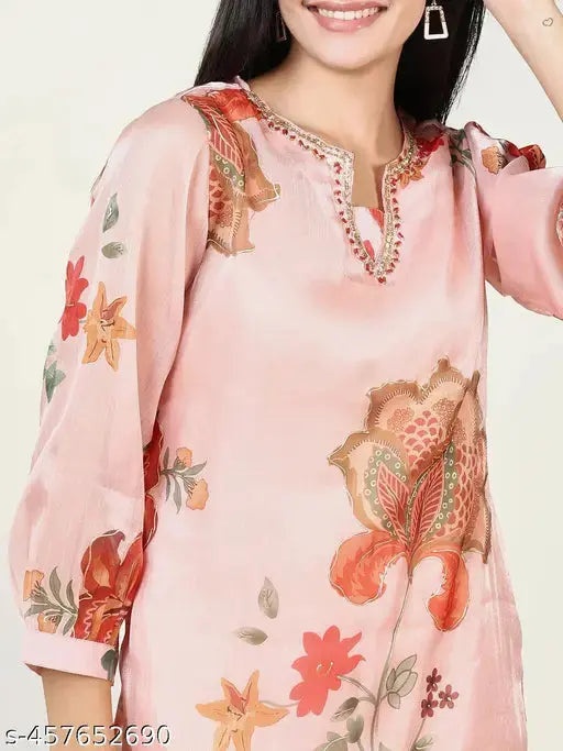 SHOWOFF Women's Floral Peach Straight Kurta and Trouser with Inner Slip SaumyasStore