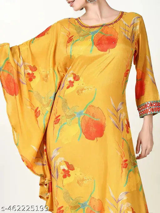 SHOWOFF Women's Floral Yellow Kaftan Kurta and Dhoti Pants SaumyasStore