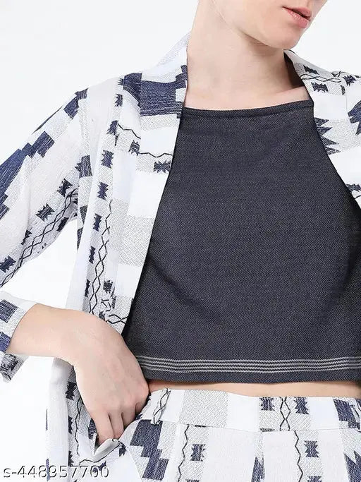 SHOWOFF Women's Navy Blue Woven Design Co-Ords Set With Blazer SaumyasStore