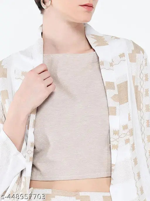 SHOWOFF Women's Off White Woven Design Co-Ords Set Blazer SaumyasStore