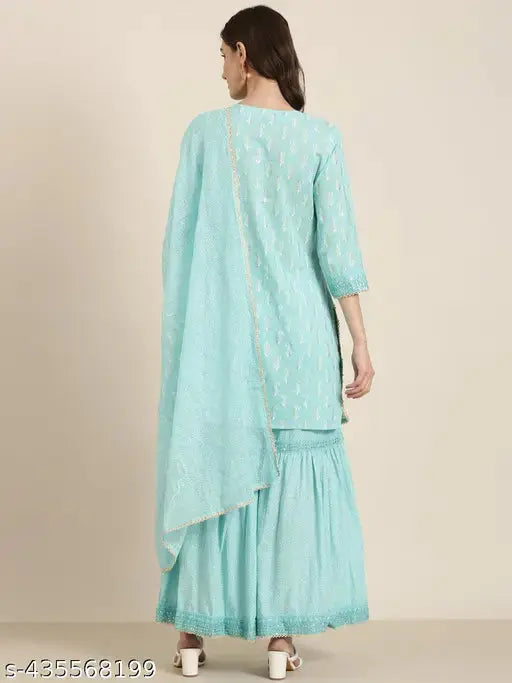 SHOWOFF Women's Paisley Turquoise Blue Straight Kurta and Sharara With Dupatta SaumyasStore