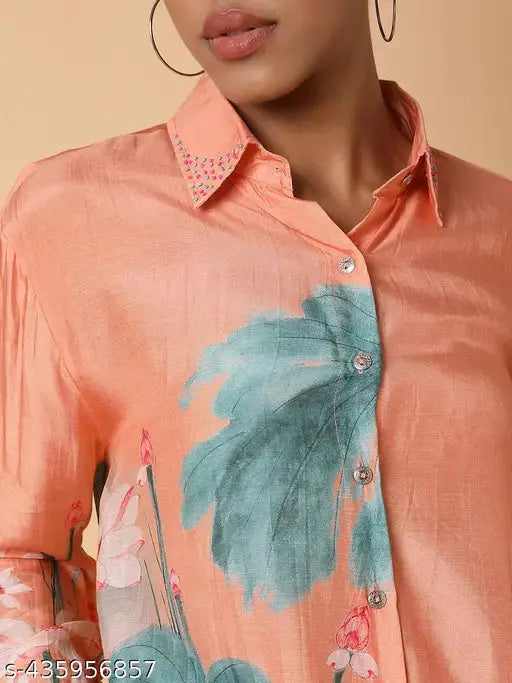 SHOWOFF Women's Printed Collared Peach Shirt and Trousers Set SaumyasStore
