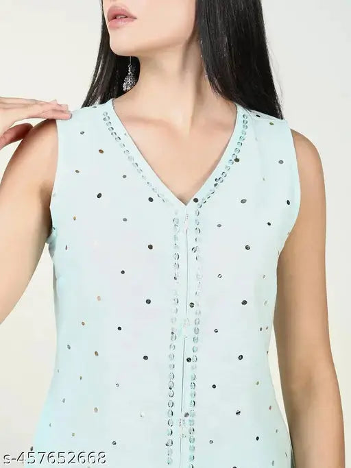 SHOWOFF Women's Solid Blue Straight Kurta and Dhoti Pants with Overcoat SaumyasStore