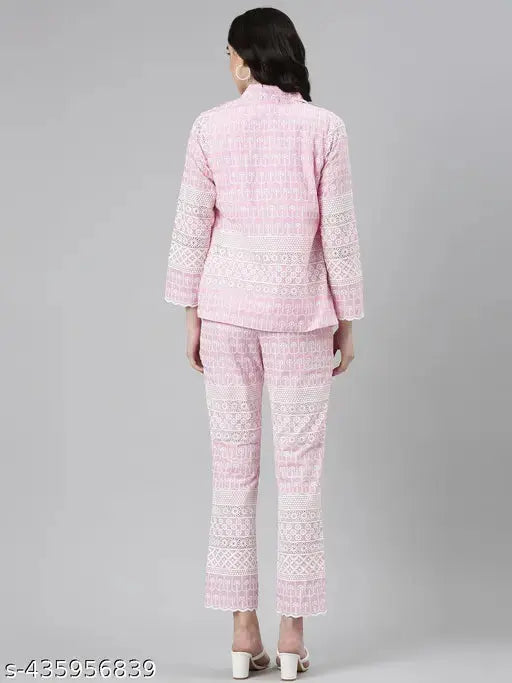 SHOWOFF Women's V-Neck Sleeveless Pink Solid Co-Ords SaumyasStore