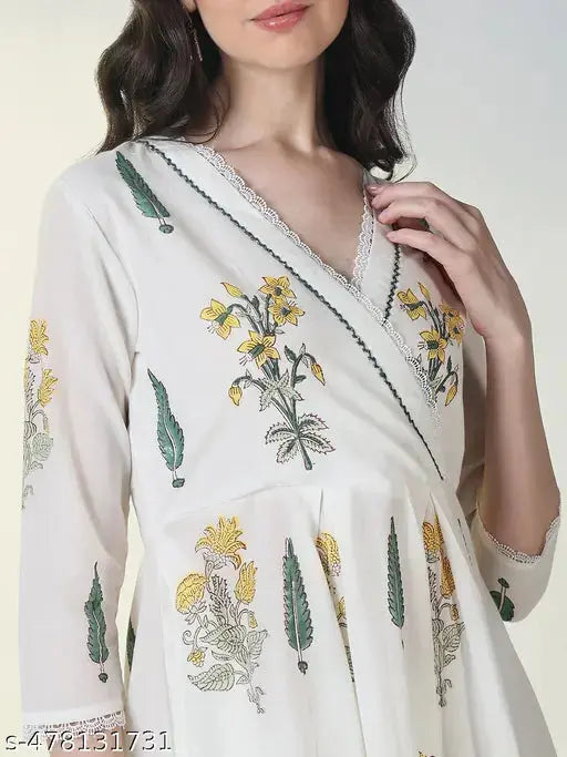 SHOWOFF Women's White Floral Anarkali Kurta and Trousers with Dupatta SaumyasStore