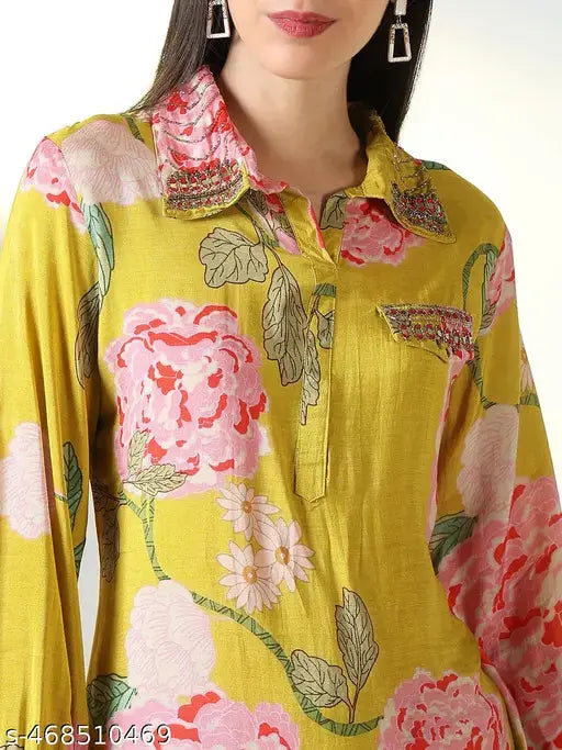 SHOWOFF Women's Yellow Floral Straight and Patiala SaumyasStore