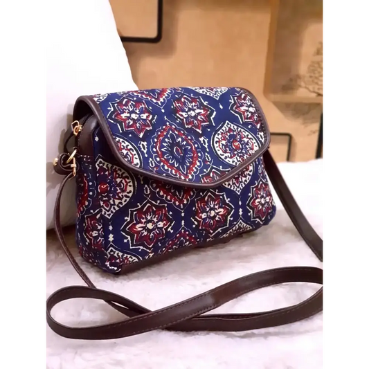 Stylish Cotton Navy Blue Printed Sling Bag For Women