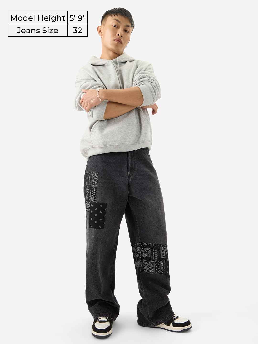 The Souled Store Denims: Bandana Patches Men and Boys Grey Straight Fit Cotton Jeans Casual Style Full-Length Comfortable Trousers SaumyasStore