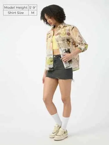 The Souled Store Winnie The Pooh: Wonderland Women and Girls Long Sleeves Collared Neck Button Front Beige Printed Regular Fit Cotton Shirts SaumyasStore