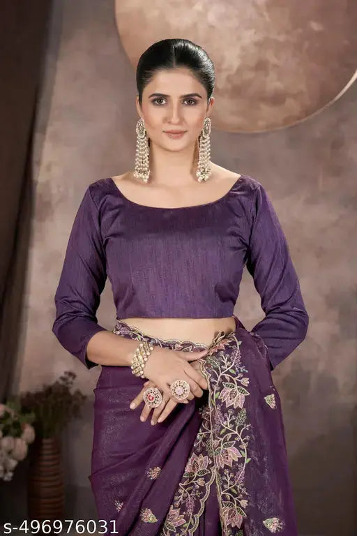 Women's Crunchy Thread Embroidery work Saree With Untitched Blouse Piece SaumyasStore