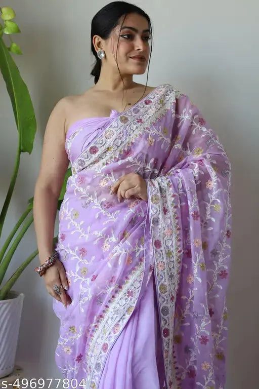 Women's Heavy Net Saree with Embroidered Unstitched Blouse SaumyasStore