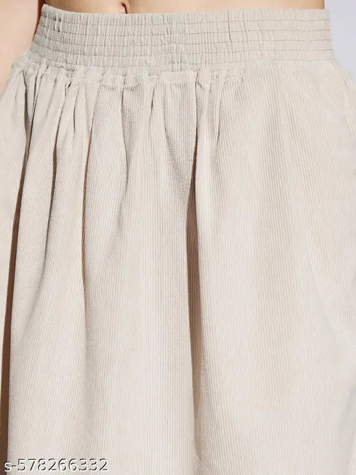 Globus Women Beige Self Design Smocked & Pleated Waist A-Line Mini Skirt