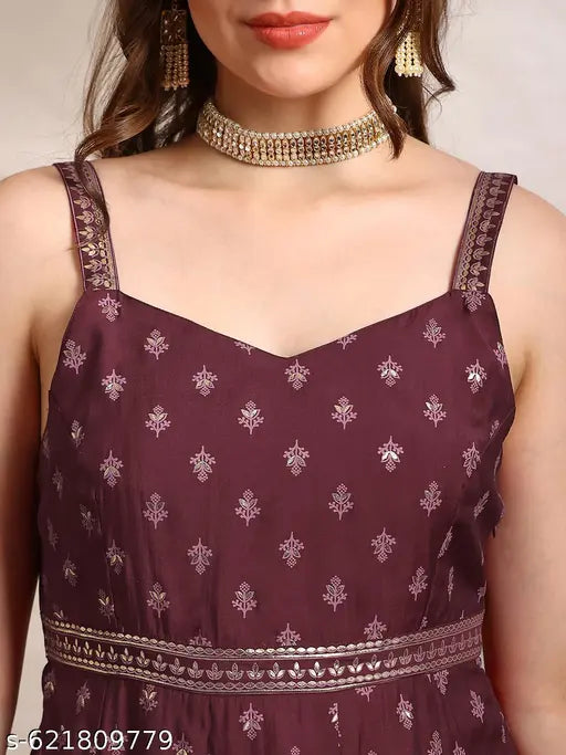 Globus Women Ethnic & Gold Foil Print Sweetheart Neck Shoulder Strap Fit and Flare Maxi Dress