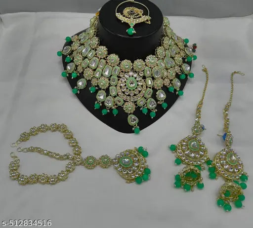 Enamel Kundan & Pearlss Bridal Necklace Earring & Maangtikka Set For Women