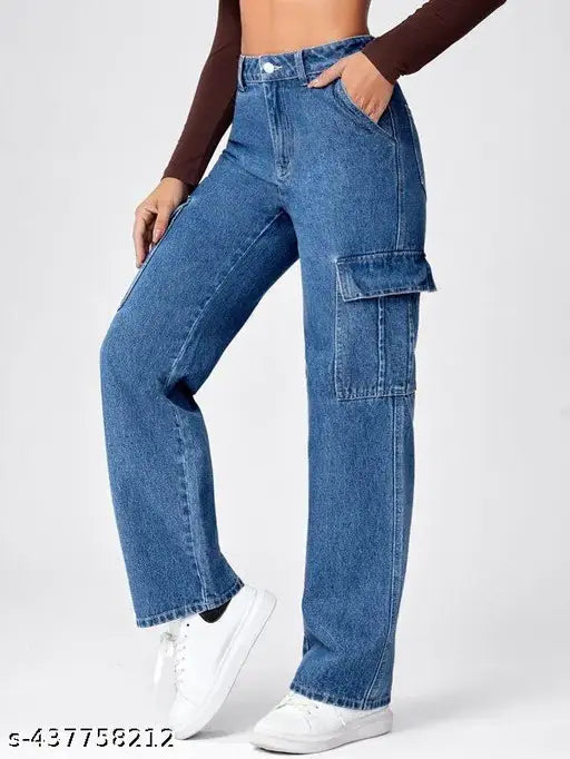 Modern Edge Jeans, High-Waist 6Pocket Stone Blue Jeans – Baggy Style with  Side Pockets Flap Pocket Denim Cargo