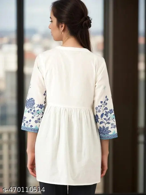 Women Beautiful Tunic Top , Women Printed Top , Women White Top