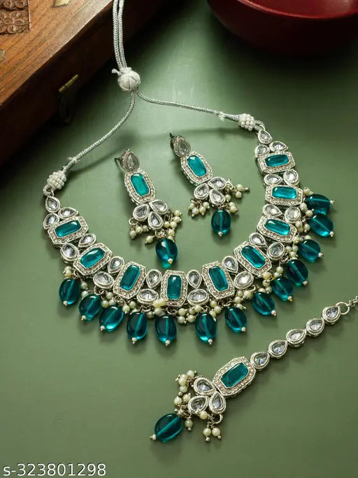 Silver-Plated Stone-Studded Beaded Jewellery Set