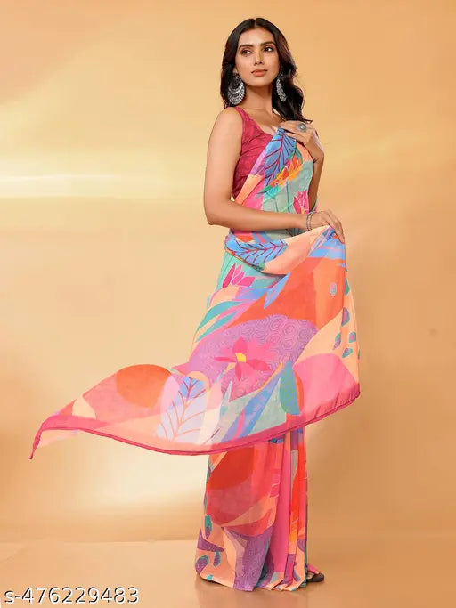 Janasya Women's Multicolor Georgette Tropical Printed Daily Wear Saree with Blouse Piece