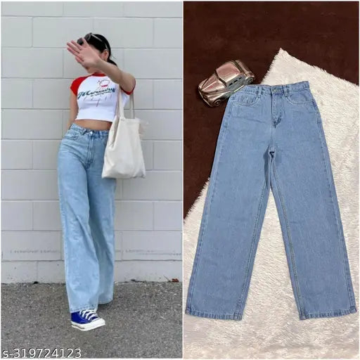 Trendy Stylish Women's wide leg jeans,HIGH WAIST WIDE LEG JEAN ICE BLUE,Baggy Jeans, Stylsh Jeans for Women