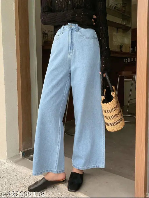 WOMEN WIDE LEG FLARED BELL BOTTOM HIGH RISE DENIM JEANS