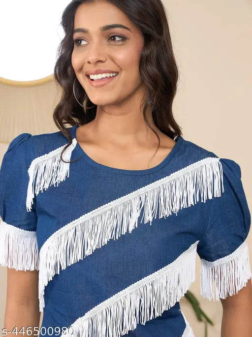StyleStone Women's Denim Dress with fringe detail
