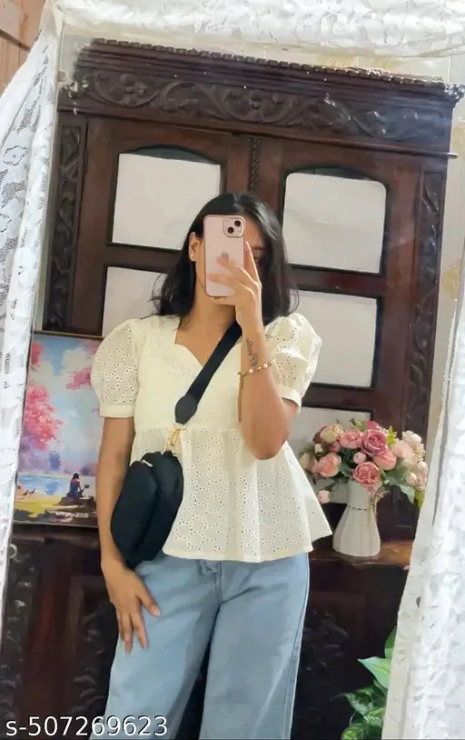 Flaired Cream Hakoba Cotton Top