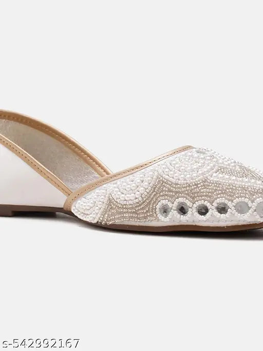 JM LOOKS Women's & Girls Ethnic Embllished Punjabi Jutti with Zardosi Beads Work Slip-On Shoes Flat Heel Round Toe Shoes for Wedding Party & Festival Occasion-White