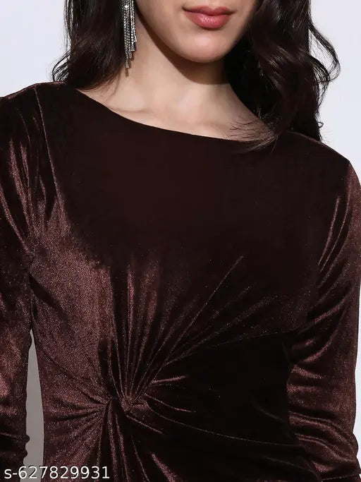 Globus Women Brown Boat Neck Twisted Detail Velvet Sheath Mini Party Dress