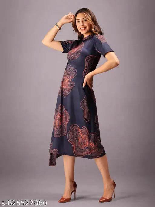 HELLCAT Asymmetrical Hem Dress for Women | Western Maxi Dress | Round Neck A-Line Half Sleeves Dress | Stylish Long Dress for Women | Modern Party Wear Dress for Women