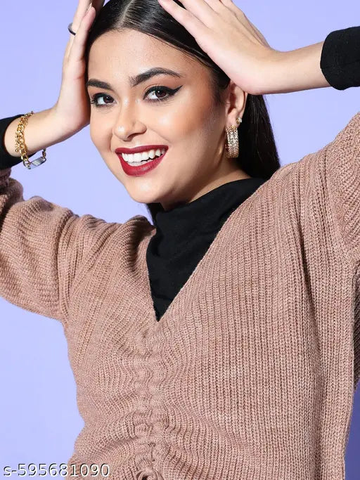 Berrylush Women Solid Peach V-Neck Front Tie-Up Acrylic Straight Hem Cropped Sweater