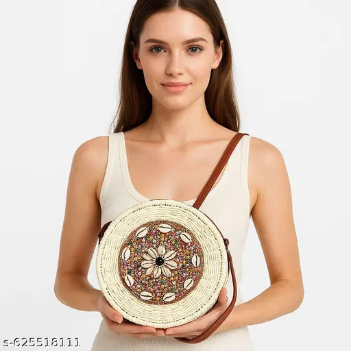 Handcrafted Round Straw Purse with Bohemian Beaded and Shell Design, Stylish Woven Crossbody Bag for Women, Perfect Summer Beach Handbag with Leather Strap, Unique Handmade Fashion Accessory for Travel(White)