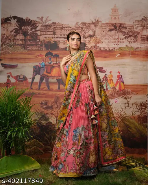 Pink Kalamkari Silk Crush Lehenga
