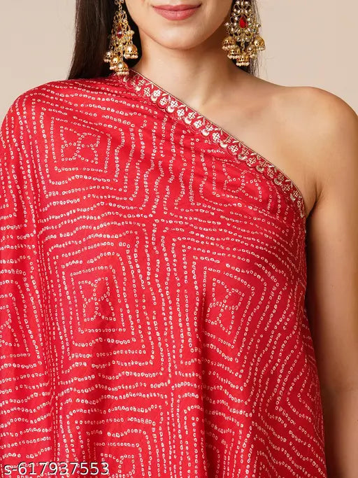 Globus Women Red Bandhani Printed Embroidered One Shoulder Tunic & Georgette Elasticated Floor Length Skirt Fusion Co-Ord Set