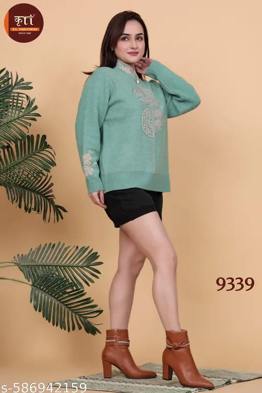KRITI Floral Design Woollen Winter Top Green Colour For Women