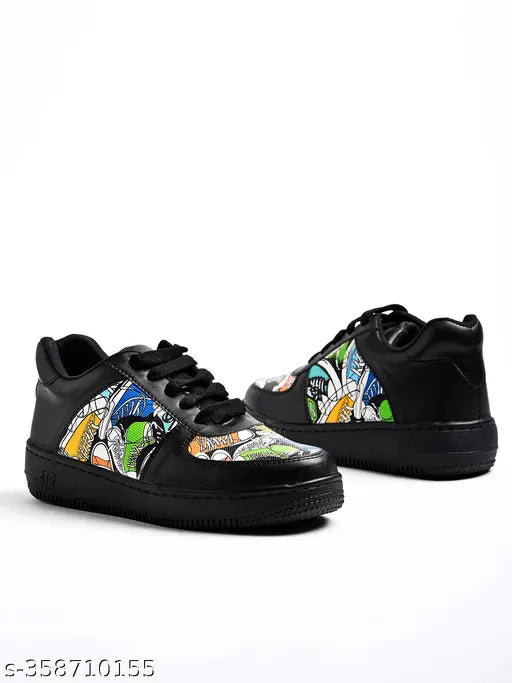 Shoetopia Lace-up Printed Detail Black Sneakers For Women