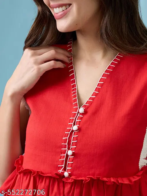 Globus Women Red V-Neck Thread Work Detail & Lace Inserts Pleated Crop Top