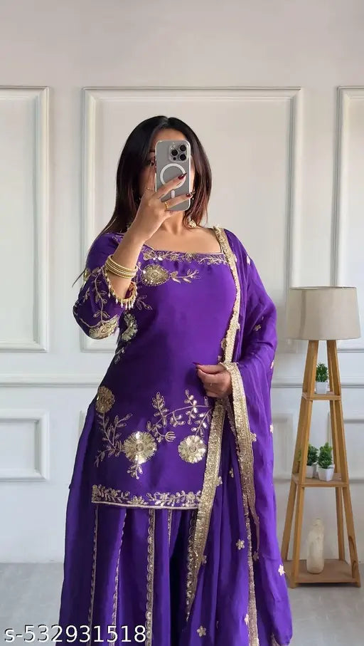 Pure Heavy Chinon Silk fabric With Heavy Embroidery Multi Needle Sequence Work With Full Embroidery Sleeve and sharara for girls