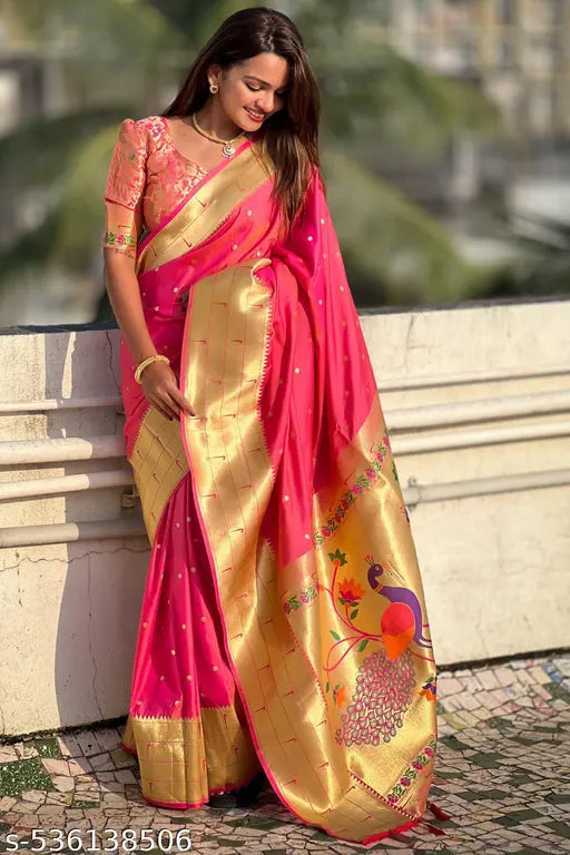 ROOP LAVANYA Pink Kanjeevaram Paithni Soft Silk Saree With Unstiched Blouse Piece