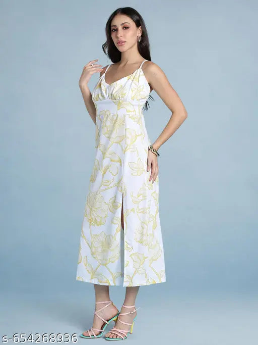 HELLCAT Womens Floral Printed White Shoulder Straps dress | Western A-Line V Neck Midi Dress for Womens | Womens Stylish Noodle strap Party Dress