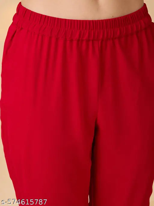 Globus Women Red V-Neck Gathered Gotta Patti Detail Flared A-Line Alia Cut Kurta With Pants Festive Set