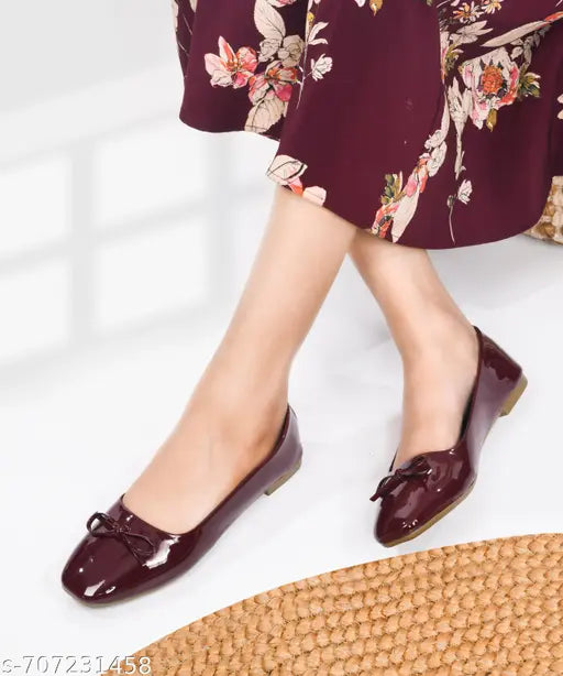 Women Glossy squre Toe Ballerina Flats Featuring Delicate Front Bow Detail and Cushioned Insole Support