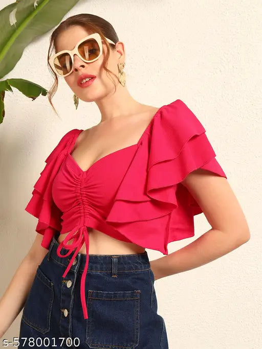 TANDUL Women Fuchsia Pink Top with Ruffled Sleeves