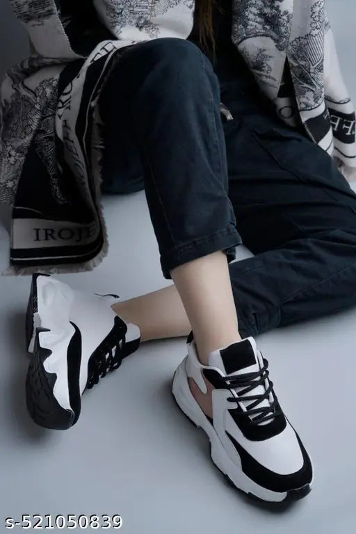 JM LOOKS Women's Chunky Sneakers Casual Shoe Fashionable Running Walking Gym Shoes for Women's & Girl's 2 Inch Height (Black-White)